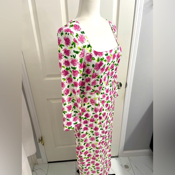 Zara Midi Dress White Floral 3/4 Sleeves and Square Neck Formal Wedding Guest - Picture 5 of 11